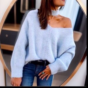 Rare Choker Loose SOO Soft Plush Open Shoulder light Baby Blue Sweater